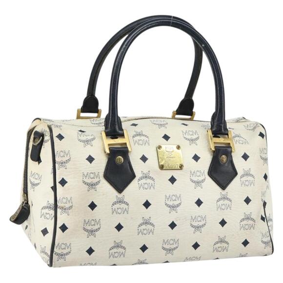 MCM Logogram Vicetos Boston Bag PVC Leather White Gold Auth hk3189